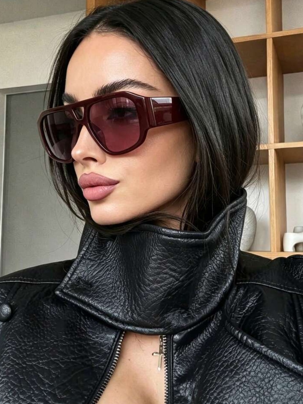 1pc Retro Double-Bridge Fashion Glasses, Casual Versatile Burgundy Glasses